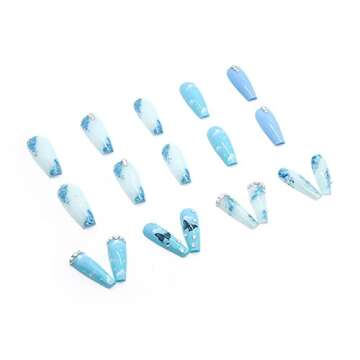 MISUD 24 pcs Coffin Press on Nails Long Fake Nails Blue Glossy Glue on Nails Glitter Ballerina Acrylic Nails Butterfly Pattern False Nails with 3D Rhinestone Designs