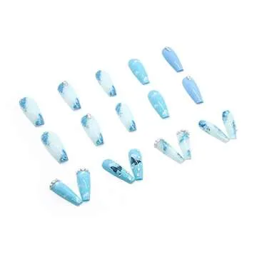 MISUD 24 pcs Coffin Press on Nails Long Fake Nails Blue Glossy Glue on Nails Glitter Ballerina Acrylic Nails Butterfly Pattern False Nails with 3D Rhinestone Designs