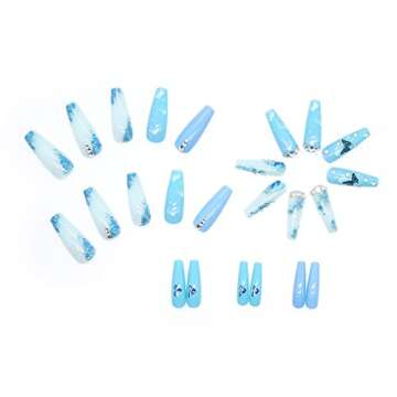 MISUD 24 pcs Coffin Press on Nails Long Fake Nails Blue Glossy Glue on Nails Glitter Ballerina Acrylic Nails Butterfly Pattern False Nails with 3D Rhinestone Designs
