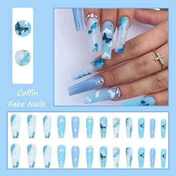 MISUD 24 pcs Coffin Press on Nails Long Fake Nails Blue Glossy Glue on Nails Glitter Ballerina Acrylic Nails Butterfly Pattern False Nails with 3D Rhinestone Designs