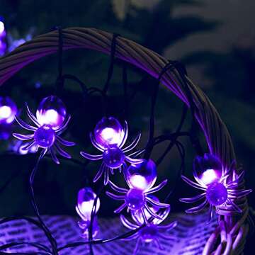 Qunlight Halloween Solar String Lights, 2Pack 30 LED 20ft Purple Spider String Lights with 8 MODES W...