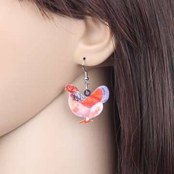 Acrylic Drop Hen Chicken Earrings Funny Farm Design Lovely Gift For Women By The Bonsny (Pink)
