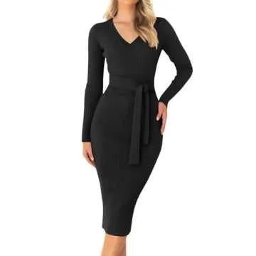 ZESICA Women's Spring Sweater Dress V Neck Long Sleeve Ribbed Knit Tie Waist Slim Fit Bodycon Midi Dresses,Black,Small