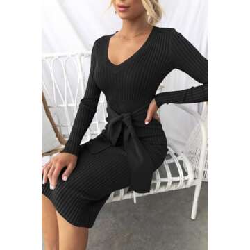 ZESICA Women's Spring Sweater Dress V Neck Long Sleeve Ribbed Knit Tie Waist Slim Fit Bodycon Midi Dresses,Black,Small