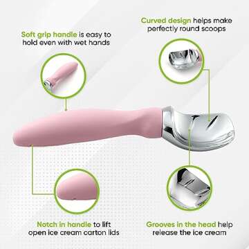 Spring Chef Ice Cream Scoop with Soft Grip Handle, Professional Heavy Duty Sturdy Scooper, Premium Kitchen Tool for Cookie Dough, Gelato, Sorbet, Pink Lemonade