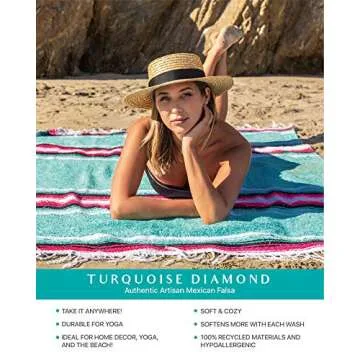 Benevolence LA Mexican Blanket, Authentic Handwoven Yoga Blanket & Outdoor Blanket, Made by Traditional Mexican Artisans, Saddle Blanket, Beach Blanket, Picnic Blanket, & Car Blanket 75 x 52 - Aqua