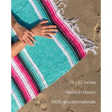 Benevolence LA Mexican Blanket, Authentic Handwoven Yoga Blanket & Outdoor Blanket, Made by Traditional Mexican Artisans, Saddle Blanket, Beach Blanket, Picnic Blanket, & Car Blanket 75 x 52 - Aqua