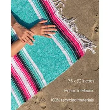 Benevolence LA Mexican Blanket, Authentic Handwoven Yoga Blanket & Outdoor Blanket, Made by Traditional Mexican Artisans, Saddle Blanket, Beach Blanket, Picnic Blanket, & Car Blanket 75 x 52 - Aqua