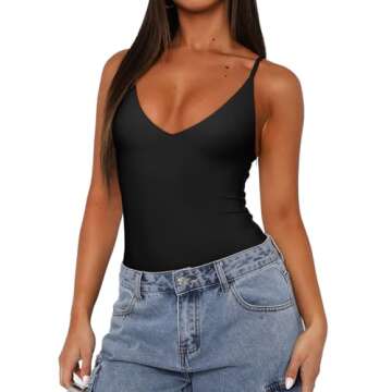 REORIA Womens Summer Sexy Open Back V Neck Spaghetti Strap Cami Double Lined Backless Trendy Thong B...