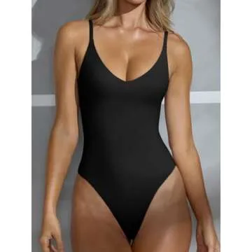 REORIA Womens Summer Sexy Open Back V Neck Spaghetti Strap Cami Double Lined Backless Trendy Thong Bodysuit Top Black Small