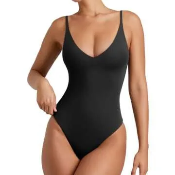 REORIA Womens Summer Sexy Open Back V Neck Spaghetti Strap Cami Double Lined Backless Trendy Thong Bodysuit Top Black Small