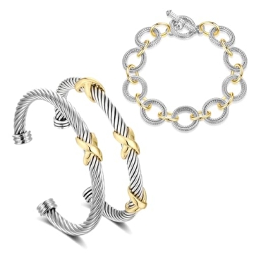 HANTNOOL 3PCS Twisted Cable Bracelet and Chain Trendy Cuff Bracelet Link Designer Dupes Adjustable B...