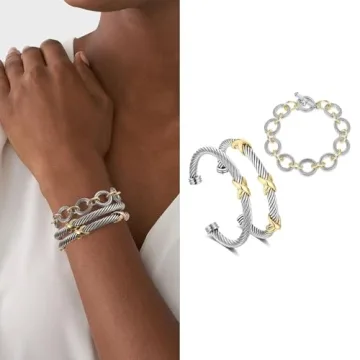 HANTNOOL 3PCS Twisted Cable Bracelet and Chain Trendy Cuff Bracelet Link Designer Dupes Adjustable Bangle Set Jewelry for Women for Her (Two Cuff and Chian A)