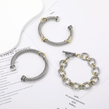 HANTNOOL 3PCS Twisted Cable Bracelet and Chain Trendy Cuff Bracelet Link Designer Dupes Adjustable Bangle Set Jewelry for Women for Her (Two Cuff and Chian A)