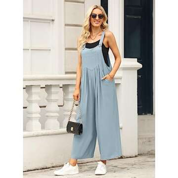 luvamia Jumpsuits for Women Casual Loose Wide Leg Boho Overall Jumpsuit Baggy Summer Outfits with Pockets Bib Overalls Women's Boho Clothing for Women Lake Blue Size X-Large Size 16 Size 18