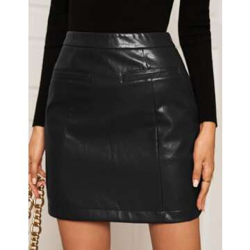 Kate Kasin Women Faux Leather Mini Skirt High Waisted Bodycon Mini Pencil Skirt with Pocket Black