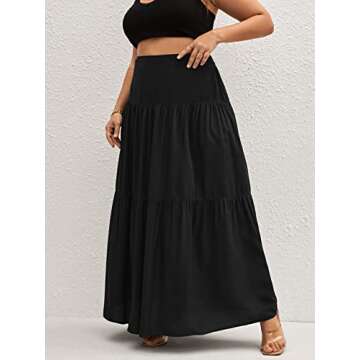 WDIRARA Women's Plus Size High Waisted Tiered Flowy Simple Boho Maxi Ruffle Skirt Black 3XL