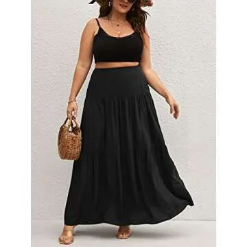 WDIRARA Women's Plus Size High Waisted Tiered Flowy Simple Boho Maxi Ruffle Skirt Black 3XL