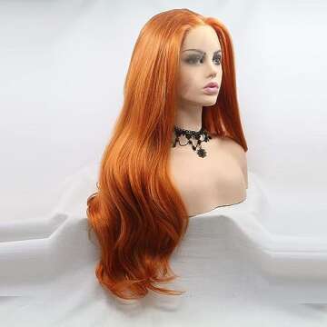 ELESTY Orange Color Synthetic Lace Front Wigs Free Part Long Wavy Synthetic Glueless Half Hand Tied Lace Wigs For Women 24Inch