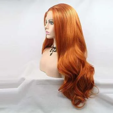 ELESTY Orange Color Synthetic Lace Front Wigs Free Part Long Wavy Synthetic Glueless Half Hand Tied Lace Wigs For Women 24Inch