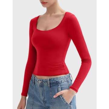 PUMIEY Women's Long Sleeve Scoop Neck Slim Fit T Shirt