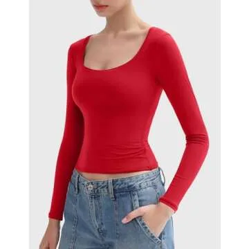 PUMIEY Women's Long Sleeve Scoop Neck Slim Fit T Shirt