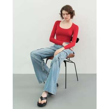 PUMIEY Women's Long Sleeve Scoop Neck Slim Fit T Shirt