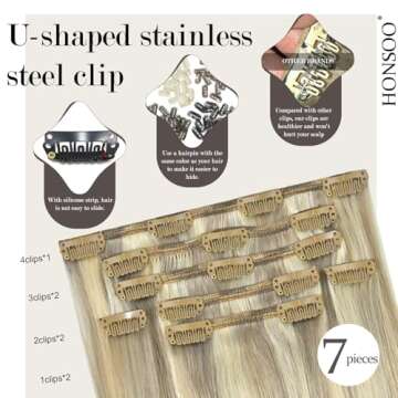 Honsoo Clip in Hair Extensions Real Human Hair, Balayage Hair Extensions Mixed Bleach Blonde 12inch 70g 7pcs Straight Silky Blonde Hair Extensions Heat Safe Hair