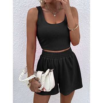 Verdusa Women's 2 Piece Ribbed Crop Tank Top and Shorts Tracksuit Set Black L