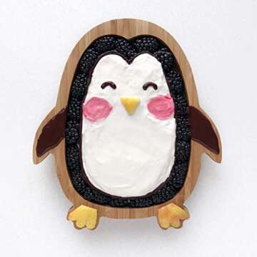 Bamboo Baby Plate with Suction - Kids and Toddler Suction Cup Plate for Babies, Non-toxic All-Natural Bamboo Baby Food Plate Stays Cool to the Touch for Baby-Led Weaning (Penguin-Blue)