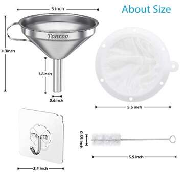 Toncoo Premium Stainless Steel Funnel with 200 Mesh Strainer for Kitchen Transfers
