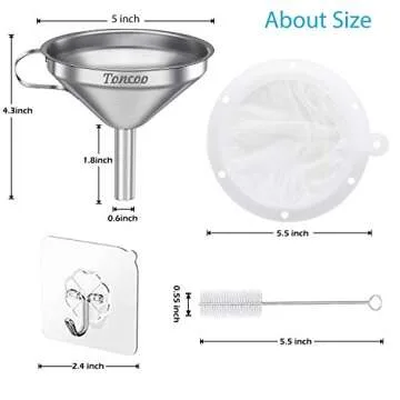 Toncoo Premium Stainless Steel Funnel with 200 Mesh Strainer for Kitchen Transfers