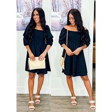 OFEEFAN Black Dresses for Women Summer Puff Sleeve Square Neck Smocking Mini Dress S