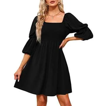 OFEEFAN Black Dresses for Women Summer Puff Sleeve Square Neck Smocking Mini Dress S
