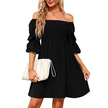 OFEEFAN Black Dresses for Women Summer Puff Sleeve Square Neck Smocking Mini Dress S