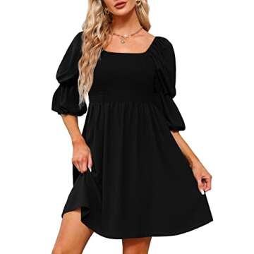 OFEEFAN Black Dresses for Women Summer Puff Sleeve Square Neck Smocking Mini Dress S