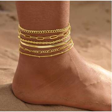 Amicon 6Pcs Gold Anklets for Women Waterproof 14K Gold Plated Ankle Bracelets for Women Trendy Layered Cuban Link Chain Herringbone Cute Anklets set Beach Jewelry Fashion Gift for Women