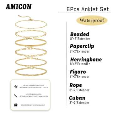 Amicon 6Pcs Gold Anklets for Women Waterproof 14K Gold Plated Ankle Bracelets for Women Trendy Layered Cuban Link Chain Herringbone Cute Anklets set Beach Jewelry Fashion Gift for Women