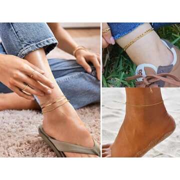 Amicon 6Pcs Gold Anklets for Women Waterproof 14K Gold Plated Ankle Bracelets for Women Trendy Layered Cuban Link Chain Herringbone Cute Anklets set Beach Jewelry Fashion Gift for Women