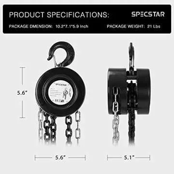 SPECSTAR Hand Chain Hoist 1 Ton 2200 Lbs Capacity 10 Feet with 2 Heavy Duty Hooks, Manual Chain Fall for Warehouse Building Automotive Machinery Black