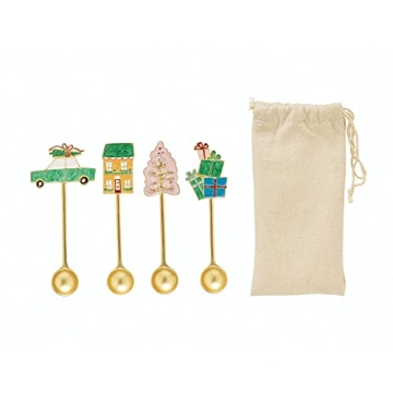 Creative Co-Op Zinc Alloy Spoons with Holiday Icon Handle, Multicolor, Set of 4 in Drawstring Bag