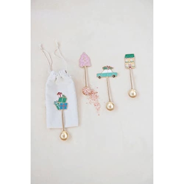 Creative Co-Op Zinc Alloy Spoons with Holiday Icon Handle, Multicolor, Set of 4 in Drawstring Bag