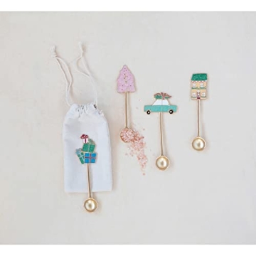 Creative Co-Op Zinc Alloy Spoons with Holiday Icon Handle, Multicolor, Set of 4 in Drawstring Bag