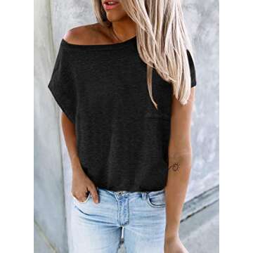 Actloe Womens Summer Tops Short Sleeve Tee Shirts Casual Loose Top with Pocket Large A Black