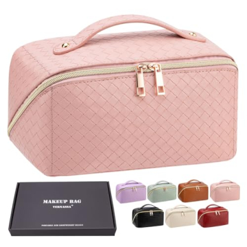 VERNASSA Large Capacity Travel Cosmetic Bag, Toiletry Bag, Women Portable Makeup Bag Opens Flat for ...