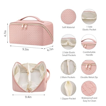 VERNASSA Large Capacity Travel Cosmetic Bag, Toiletry Bag, Women Portable Makeup Bag Opens Flat for Easy Access, PU Leather Waterproof Travel Cosmetic Bag with Handle and Divider