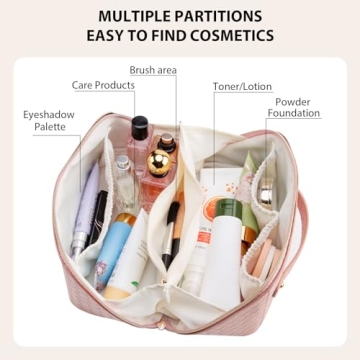 VERNASSA Large Capacity Travel Cosmetic Bag, Toiletry Bag, Women Portable Makeup Bag Opens Flat for Easy Access, PU Leather Waterproof Travel Cosmetic Bag with Handle and Divider