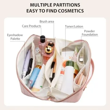 VERNASSA Large Capacity Travel Cosmetic Bag, Toiletry Bag, Women Portable Makeup Bag Opens Flat for Easy Access, PU Leather Waterproof Travel Cosmetic Bag with Handle and Divider