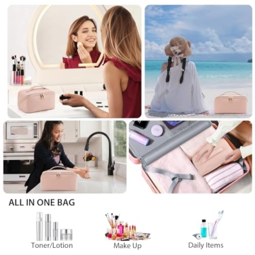VERNASSA Large Capacity Travel Cosmetic Bag, Toiletry Bag, Women Portable Makeup Bag Opens Flat for Easy Access, PU Leather Waterproof Travel Cosmetic Bag with Handle and Divider