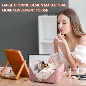 VERNASSA Large Capacity Travel Cosmetic Bag, Toiletry Bag, Women Portable Makeup Bag Opens Flat for Easy Access, PU Leather Waterproof Travel Cosmetic Bag with Handle and Divider